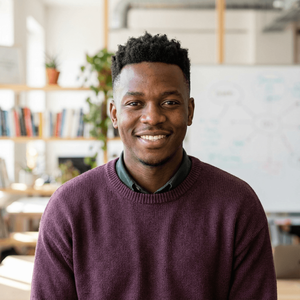 Male small business owner in his early 40s, Black, calm professional demeanor