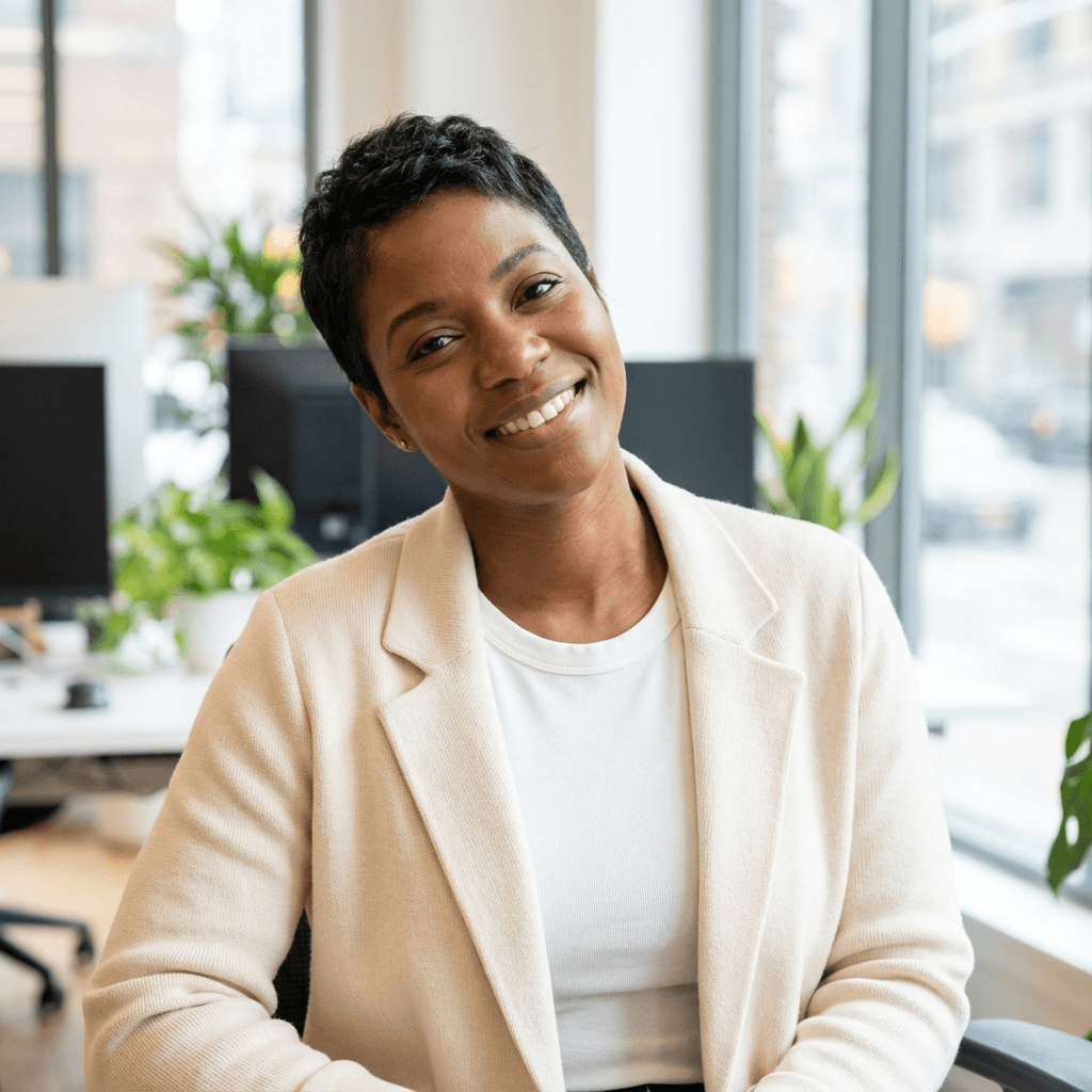 Emily Carter, a White woman in her 30s, smiling warmly