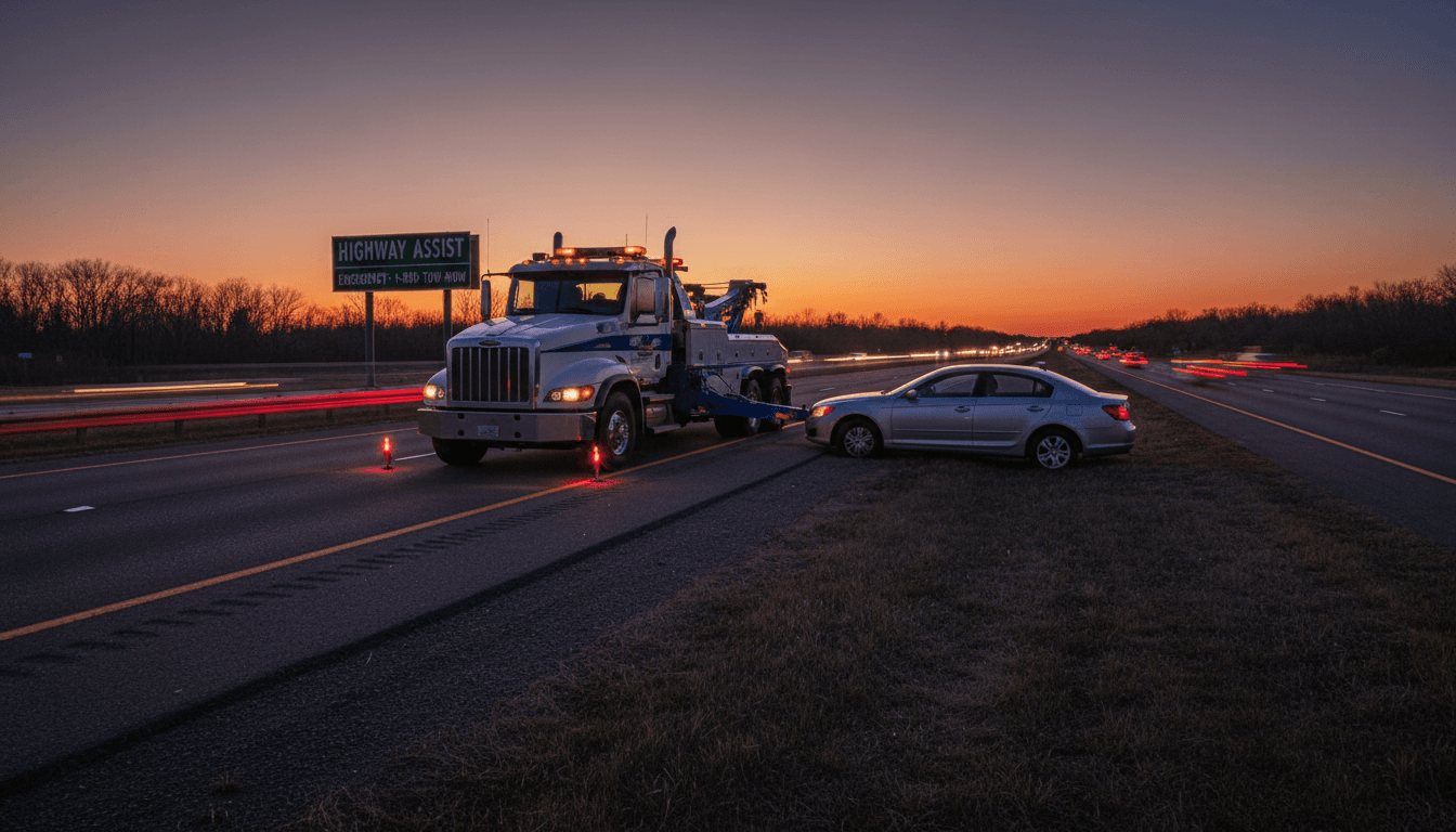 Tow truck parked behind a car on the roadside at dusk