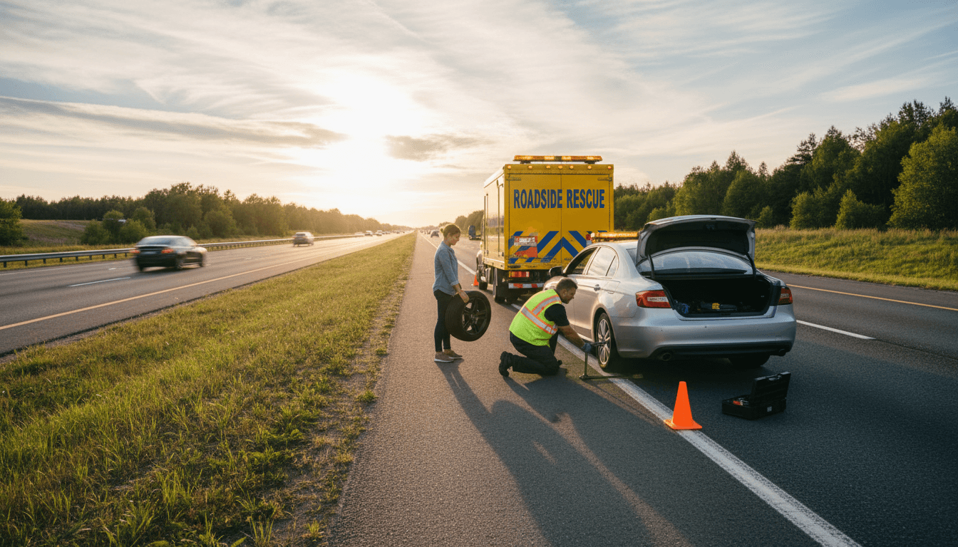 Roadside assistance technician helping a driver with a flat tire on the highway shoulder