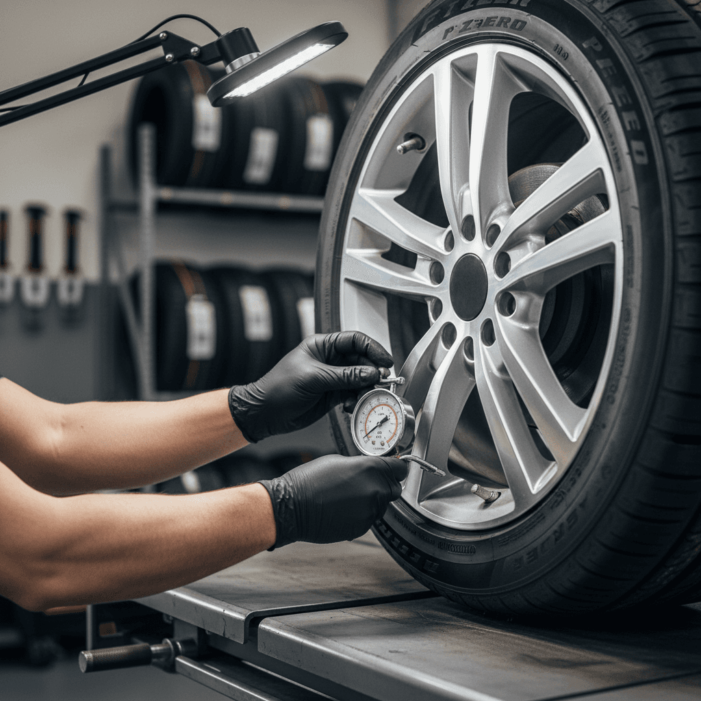 Car tire being inflated with an air pressure gauge at the roadside