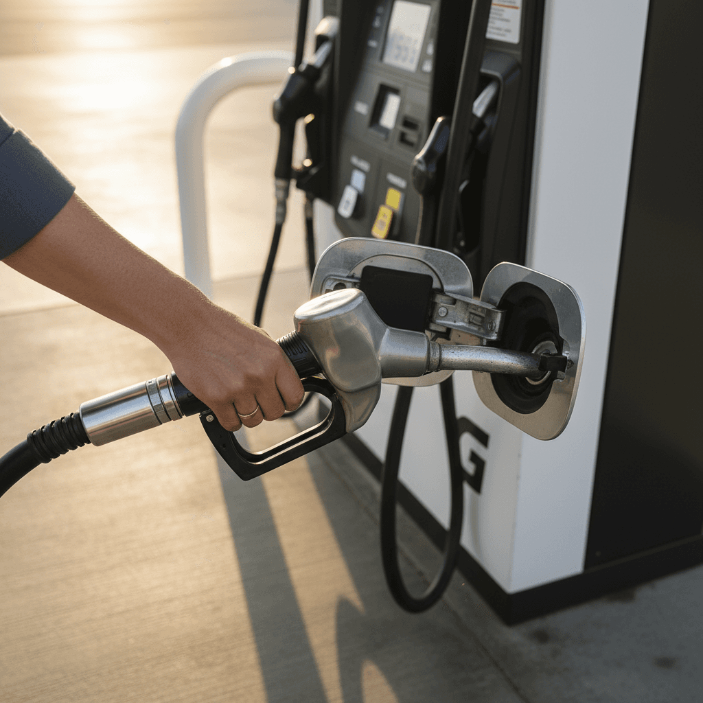 Red fuel can being poured into a car's gas tank at the roadside