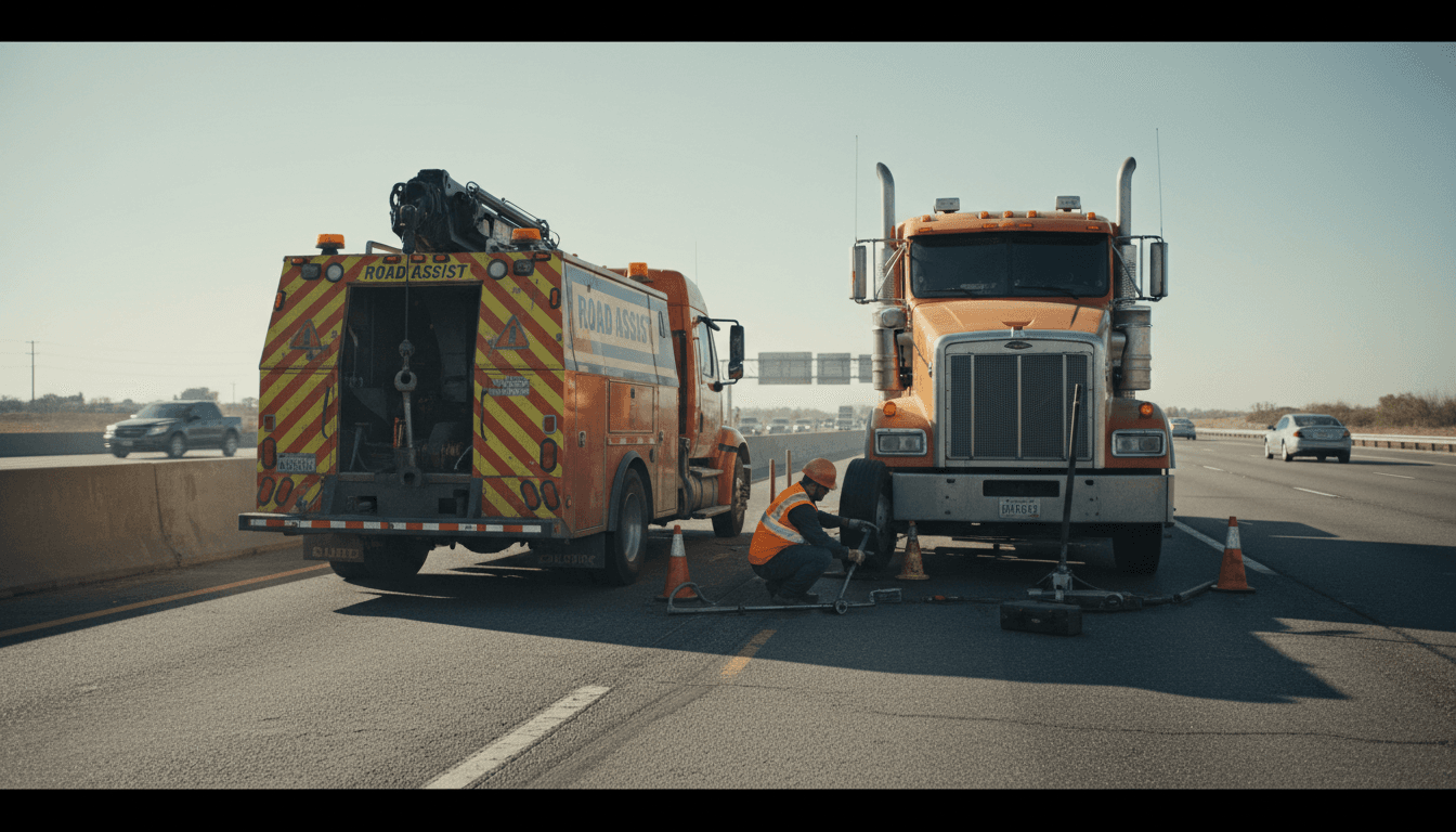 A roadside assistance vehicle parked behind a car on a highway