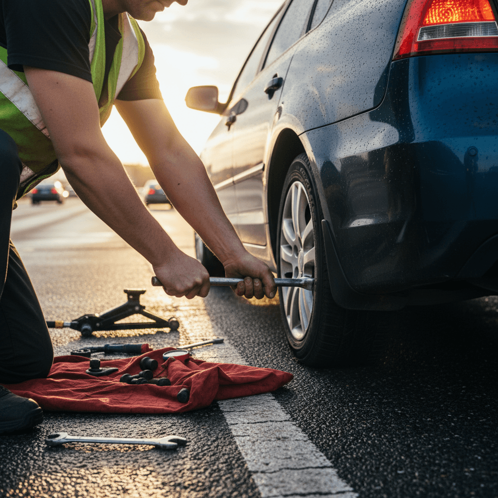 Mechanic in uniform changing a flat tire on a sedan at the roadside