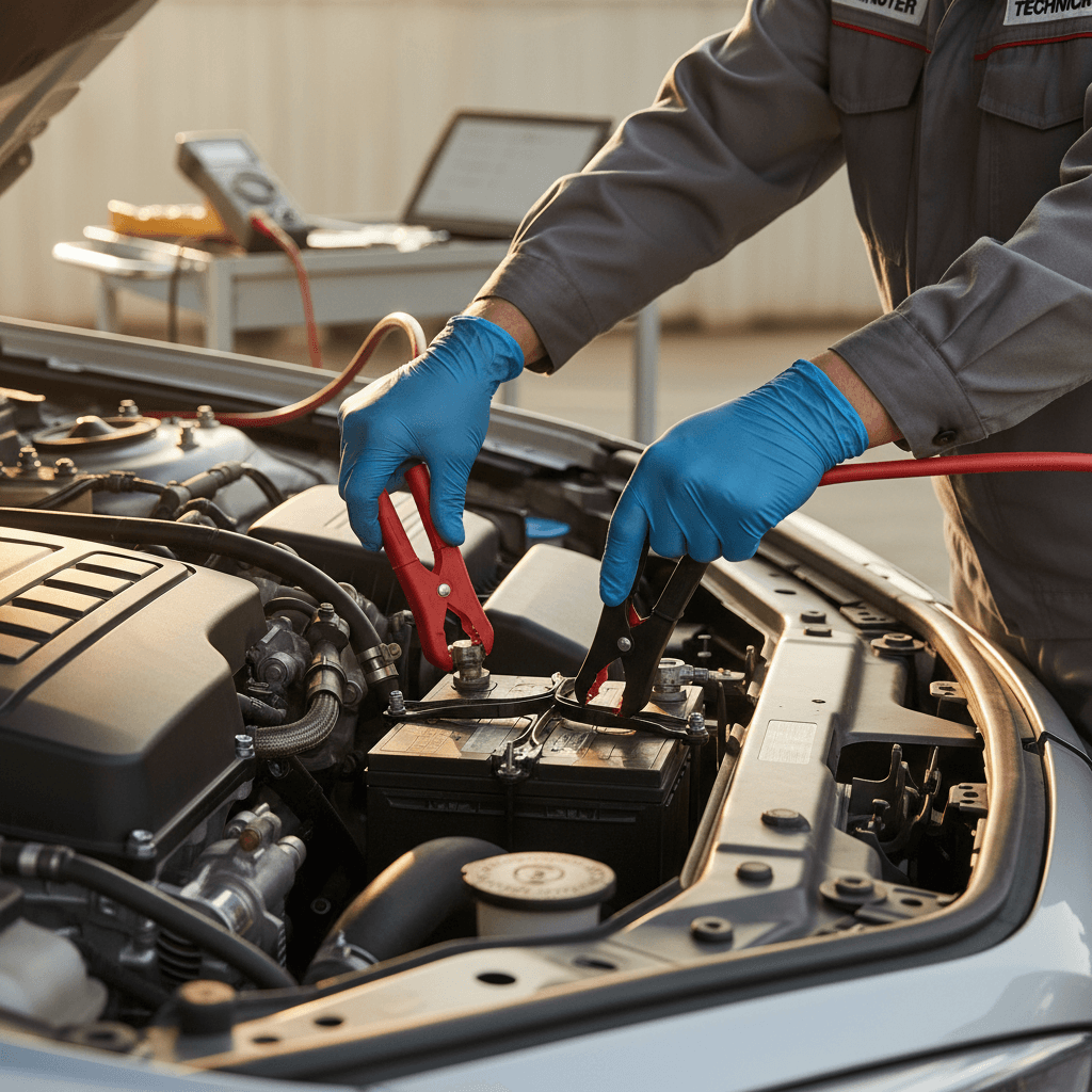 Mechanic using jumper cables to jump start a car battery with the hood open
