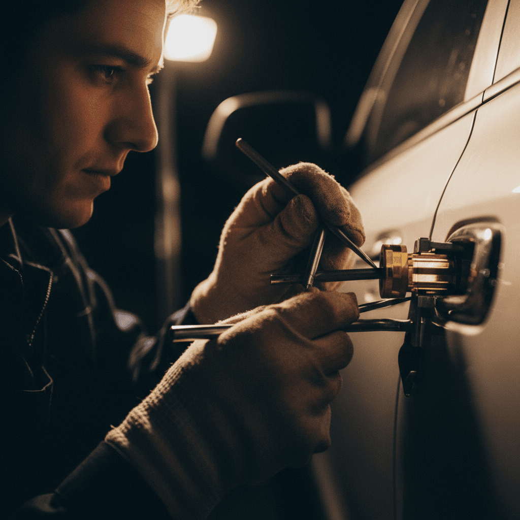 Professional unlocking a car door with a specialized tool at the roadside