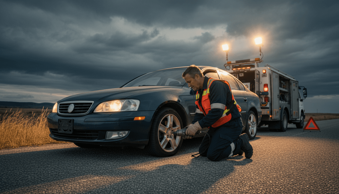 Roadside assistance truck parked behind a car on the highway shoulder